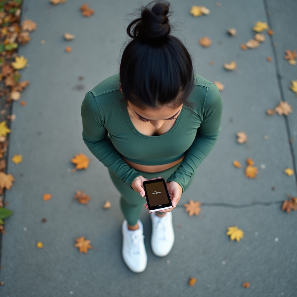 Person checking a timer on their phone during a short daily walk, tracking gentle activity