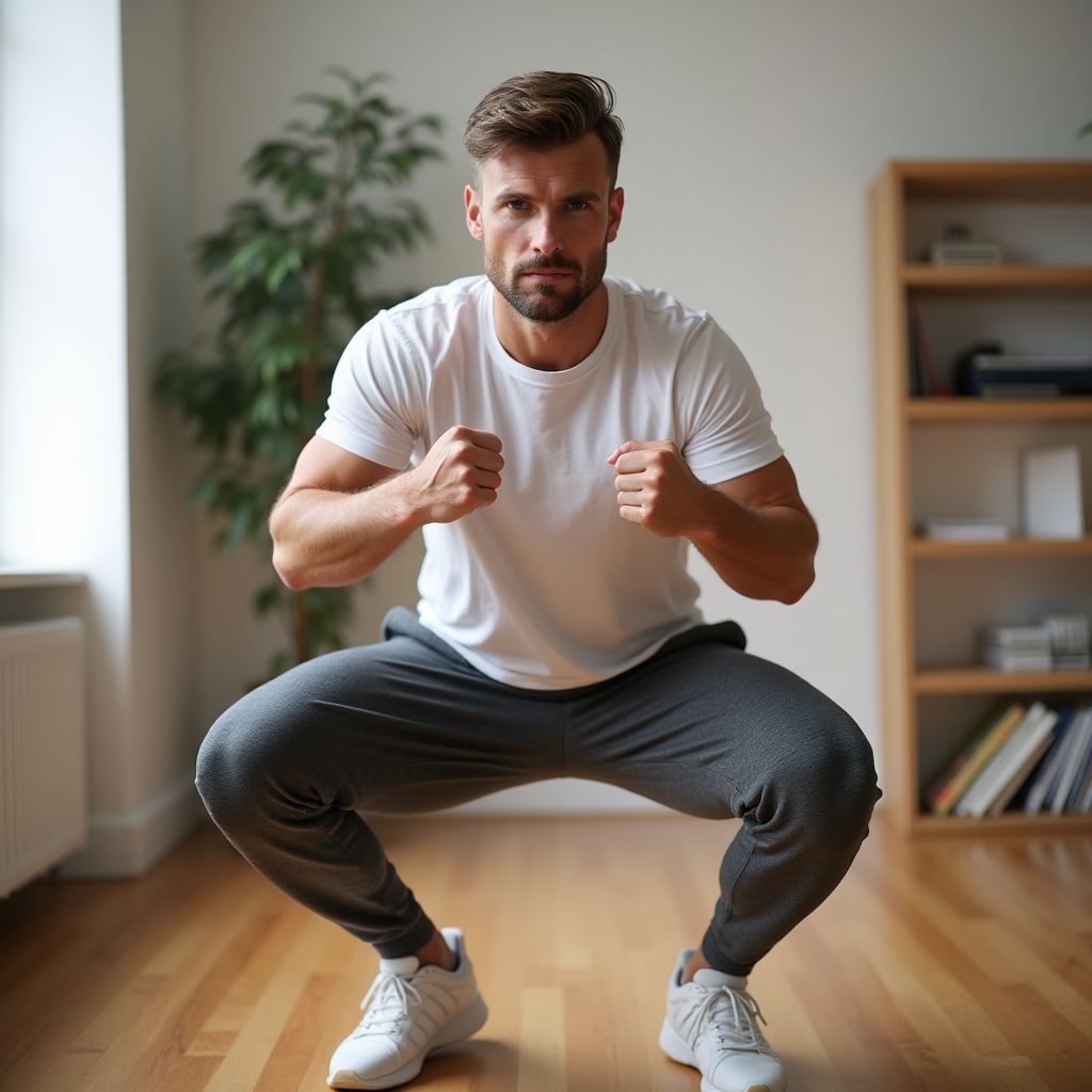 Beginner performing a simple bodyweight squat in a home setting, natural light, focused expression