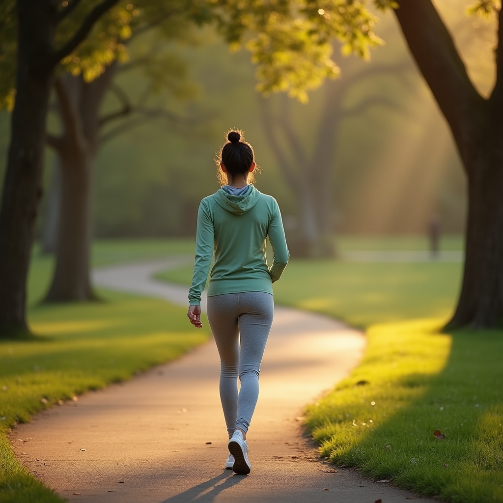 Person walking on a sunlit park path in the morning, starting a gentle movement routine