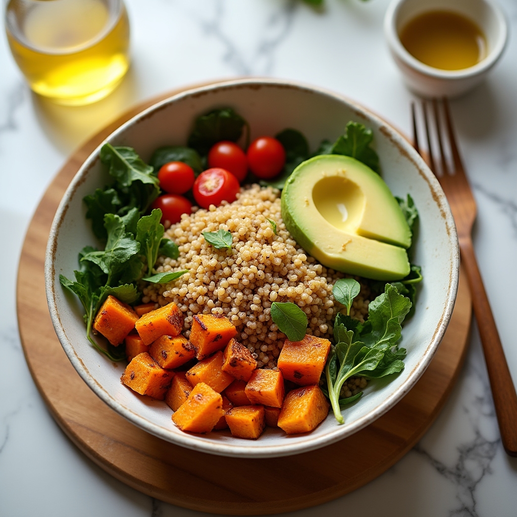 Colorful nutritious meal prep bowl with vegetables and grains on a wooden kitchen counter