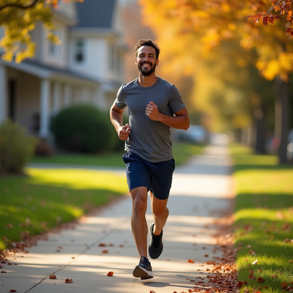 Person jogging lightly through a quiet neighborhood street, relaxed and comfortable pace