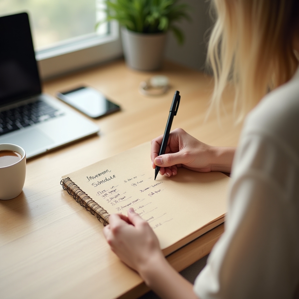 Person writing a movement plan in a notebook at a clean desk, organized and calm workspace