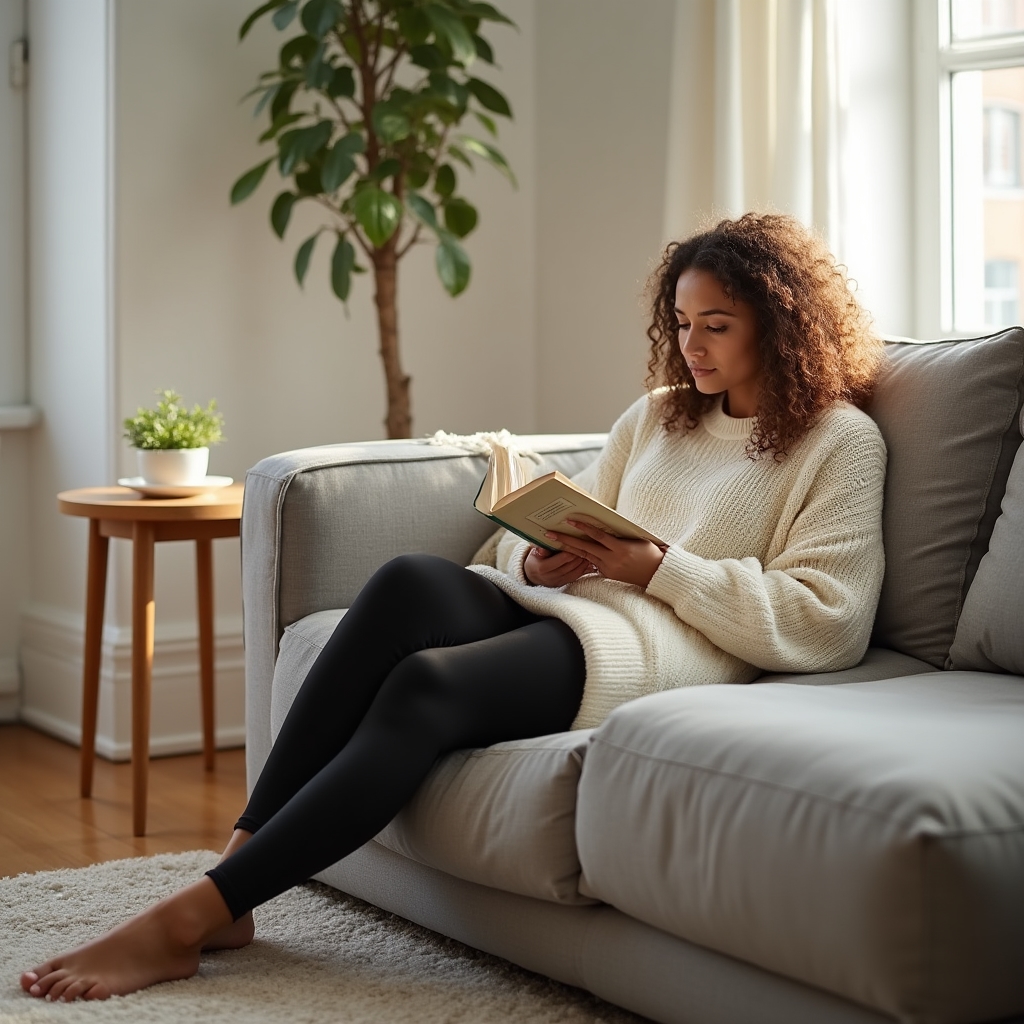 Person resting on a comfortable couch with a book, representing intentional rest as part of a healthy active routine