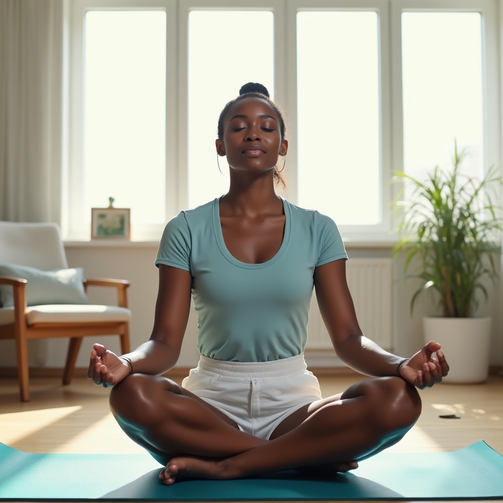 Beginner stretching gently on a yoga mat in a bright living room, starting an active lifestyle