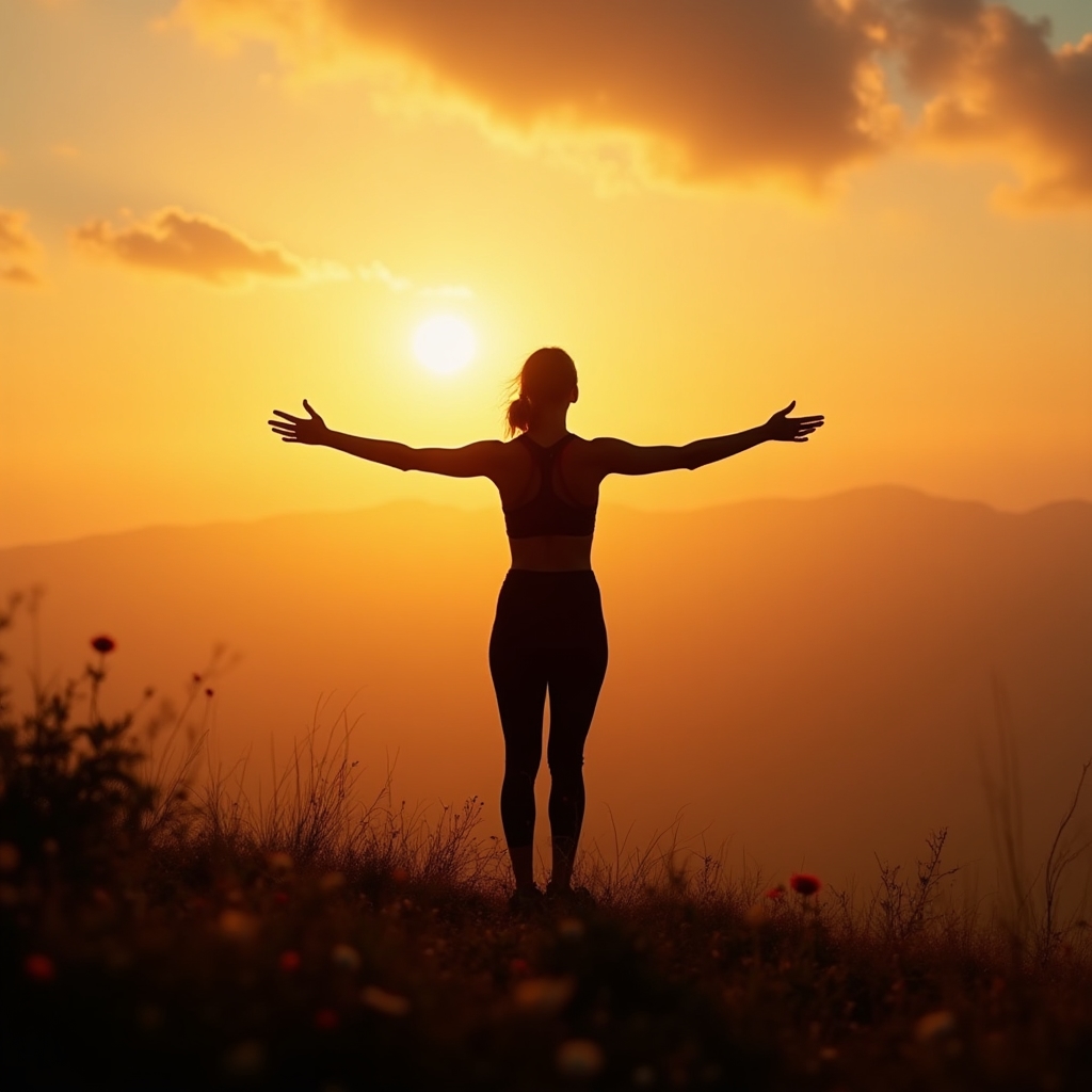 Wide shot of a person stretching outdoors at sunrise, arms open, peaceful natural setting, golden light