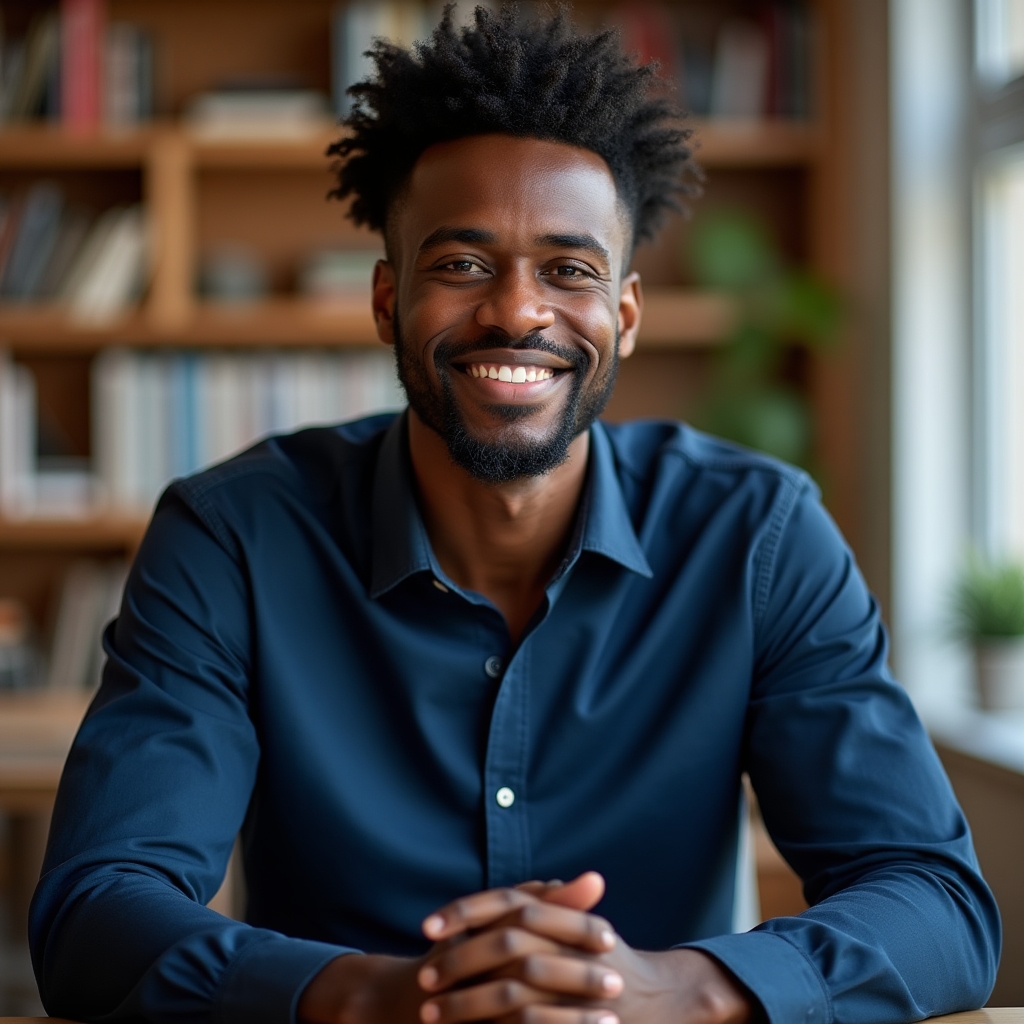 Daniel Osei, nutrition educator, thoughtful expression, seated at a desk with natural light