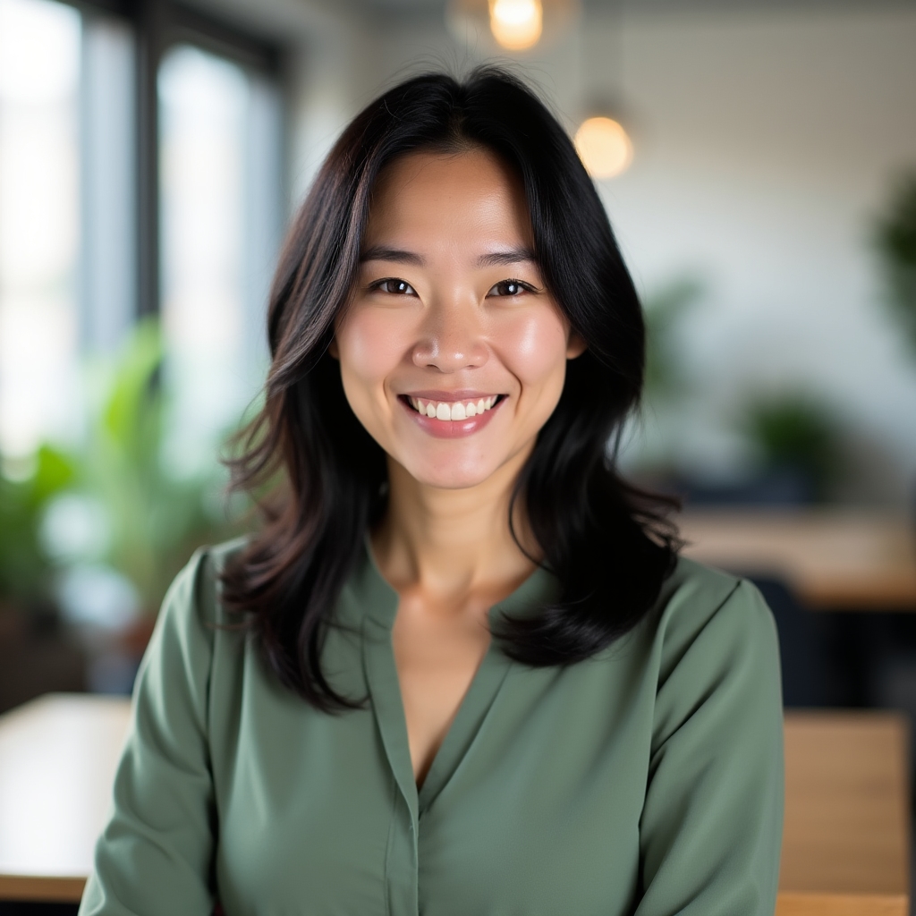 Maya Chen, wellness movement specialist, smiling warmly in a bright modern workspace