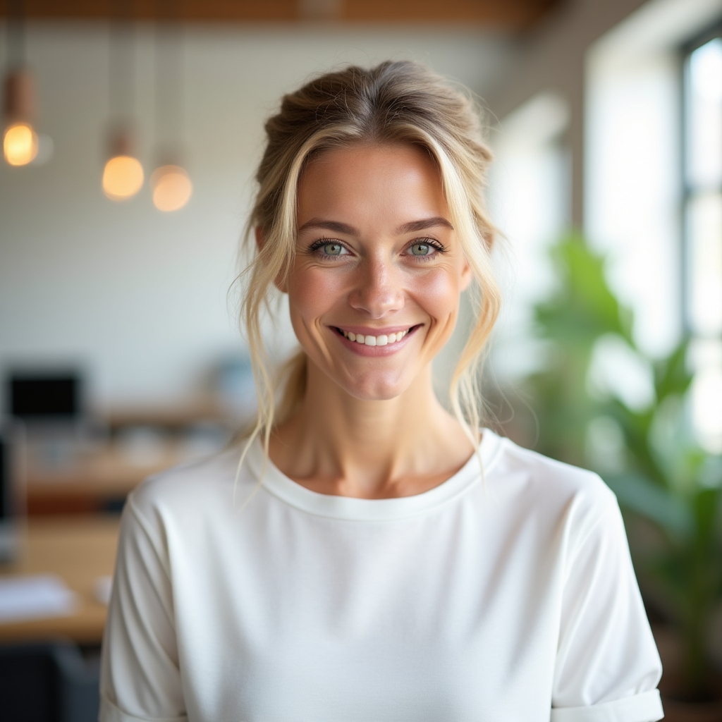 Sara Lindqvist, content and community lead, open and approachable expression, modern coworking background